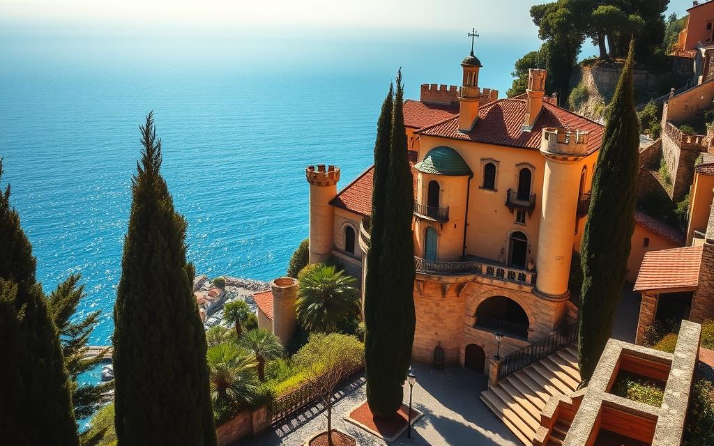 A grand, weathered castle nestled atop a verdant hillside, overlooking the sparkling azure waters of Portofino's picturesque harbor. Castello Brown stands as a testament to the town's rich history, its honey-hued stone walls and turrets casting long shadows across the cobblestone paths below. Sunlight filters through lush cypress trees, illuminating the intricate architectural details - arched windows, ornate balconies, and weathered terracotta roofs. In the foreground, a tranquil courtyard invites exploration, while in the distance, the deep blue of the Ligurian Sea meets the horizon. An aura of timeless elegance and Mediterranean charm permeates the scene, beckoning visitors to uncover the stories that have unfolded within these historic walls. A grand, weathered castle nestled atop a verdant hillside, overlooking the sparkling azure waters of Portofino's picturesque harbor. Castello Brown stands as a testament to the town's rich history, its honey-hued stone walls and turrets casting long shadows across the cobblestone paths below. Sunlight filters through lush cypress trees, illuminating the intricate architectural details - arched windows, ornate balconies, and weathered terracotta roofs. In the foreground, a tranquil courtyard invites exploration, while in the distance, the deep blue of the Ligurian Sea meets the horizon. An aura of timeless elegance and Mediterranean charm permeates the scene, beckoning visitors to uncover the stories that have unfolded within these historic walls.