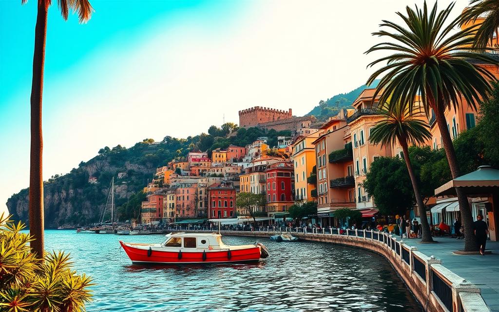 A picturesque harbor nestled within the rugged cliffs of the Italian Riviera, Portofino beckons with its colorful buildings, charming piazzas, and serene Mediterranean ambiance. In the foreground, a quaint fishing boat glides across the tranquil waters, its vibrant hull reflecting the warm, golden light of the sun. Towering palms and lush greenery frame the idyllic scene, while in the middle ground, cobblestone streets wind through the charming village, lined with chic boutiques, cafes, and art galleries. In the distance, the majestic Castello Brown stands guard, its historic walls and towers silhouetted against a clear, azure sky, inviting visitors to explore its enchanting history. The overall mood is one of relaxation, adventure, and the timeless allure of la dolce vita. A picturesque harbor nestled within the rugged cliffs of the Italian Riviera, Portofino beckons with its colorful buildings, charming piazzas, and serene Mediterranean ambiance. In the foreground, a quaint fishing boat glides across the tranquil waters, its vibrant hull reflecting the warm, golden light of the sun. Towering palms and lush greenery frame the idyllic scene, while in the middle ground, cobblestone streets wind through the charming village, lined with chic boutiques, cafes, and art galleries. In the distance, the majestic Castello Brown stands guard, its historic walls and towers silhouetted against a clear, azure sky, inviting visitors to explore its enchanting history. The overall mood is one of relaxation, adventure, and the timeless allure of la dolce vita.