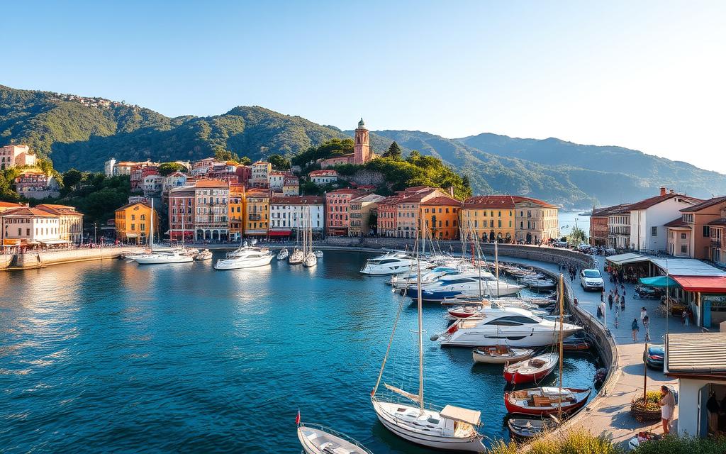 Portofino Harbor, a picturesque Italian Riviera gem, bathed in warm Mediterranean light. Imagine the quaint pastel-colored buildings lining the crescent-shaped harbor, their reflections dancing on the calm, azure waters. In the foreground, colorful fishing boats and yachts sway gently, while locals and visitors stroll along the charming promenade. The middle ground features the iconic Portofino lighthouse, standing as a beacon to guide seafarers. In the background, rolling hills covered in lush vegetation create a serene, postcard-perfect backdrop. Capture the essence of this captivating coastal town, where time seems to slow down, and the beauty of the Italian Riviera is on full display. Portofino Harbor, a picturesque Italian Riviera gem, bathed in warm Mediterranean light. Imagine the quaint pastel-colored buildings lining the crescent-shaped harbor, their reflections dancing on the calm, azure waters. In the foreground, colorful fishing boats and yachts sway gently, while locals and visitors stroll along the charming promenade. The middle ground features the iconic Portofino lighthouse, standing as a beacon to guide seafarers. In the background, rolling hills covered in lush vegetation create a serene, postcard-perfect backdrop. Capture the essence of this captivating coastal town, where time seems to slow down, and the beauty of the Italian Riviera is on full display.